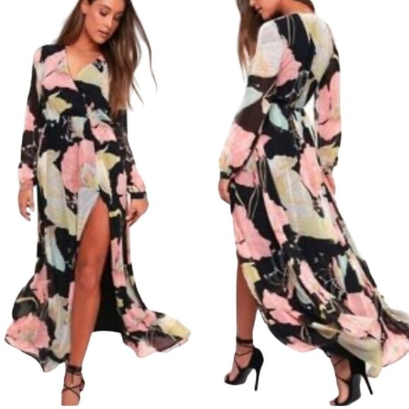 Lulus Wondrous Water Lilies Maxi Dress With Long Sleeves & Floral Print Size S - Picture 1 of 13